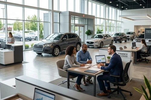 DriveWise lending specialist reviewing a car loan application with a client in a bright modern office
